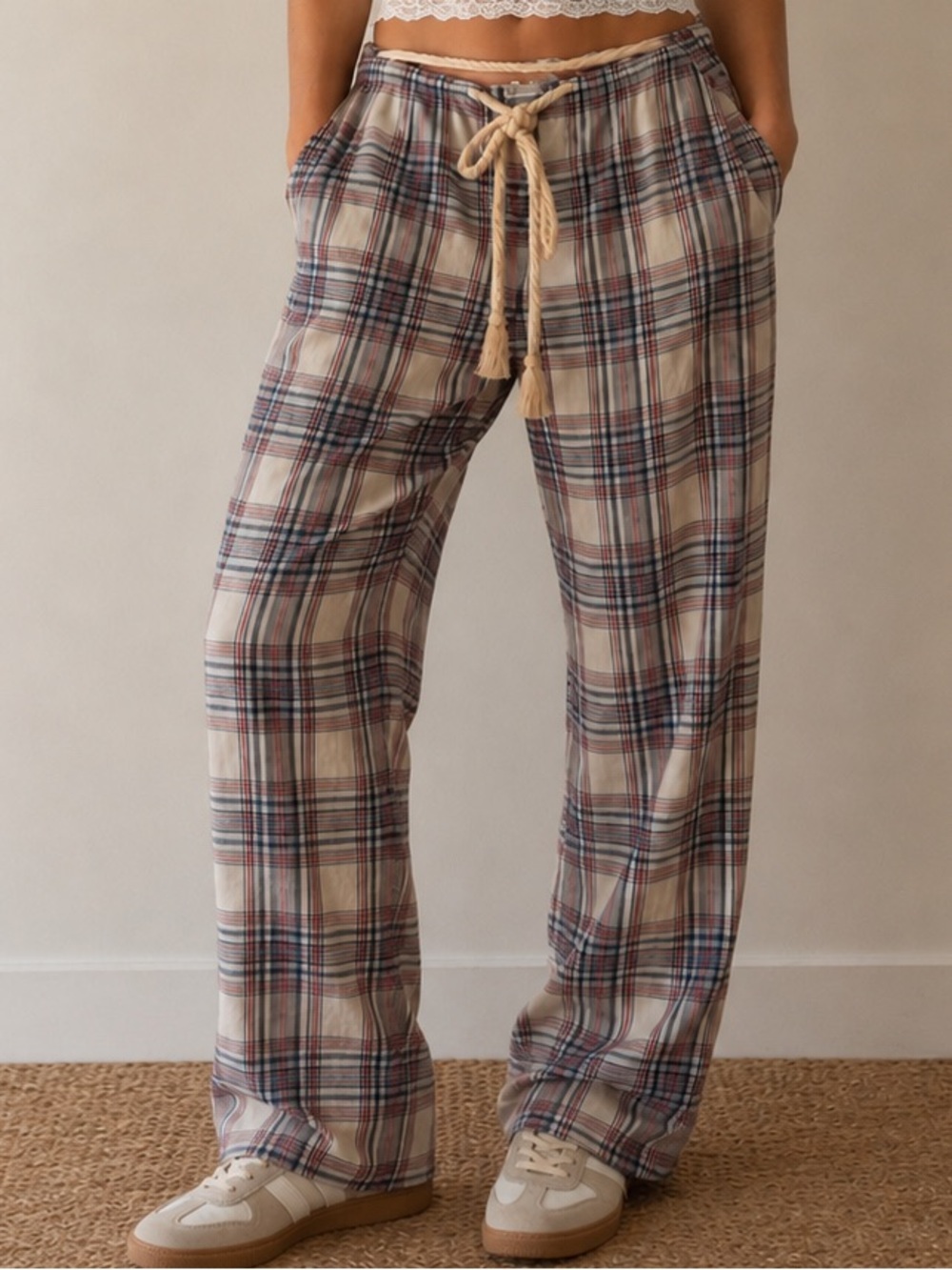 POL Plaid Drawstring Lounge Pants in Cream, Navy, and Burgundy